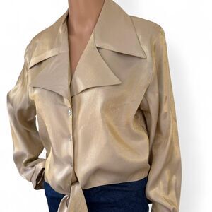 90s Gold Blouse Tiramisu Champagne Metallic Satin Tie Waist M